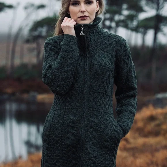 Aran Crafts Irish Merino Wool Cable Knit Coat - size Medium, Charcoal Grey. - Picture 2 of 10